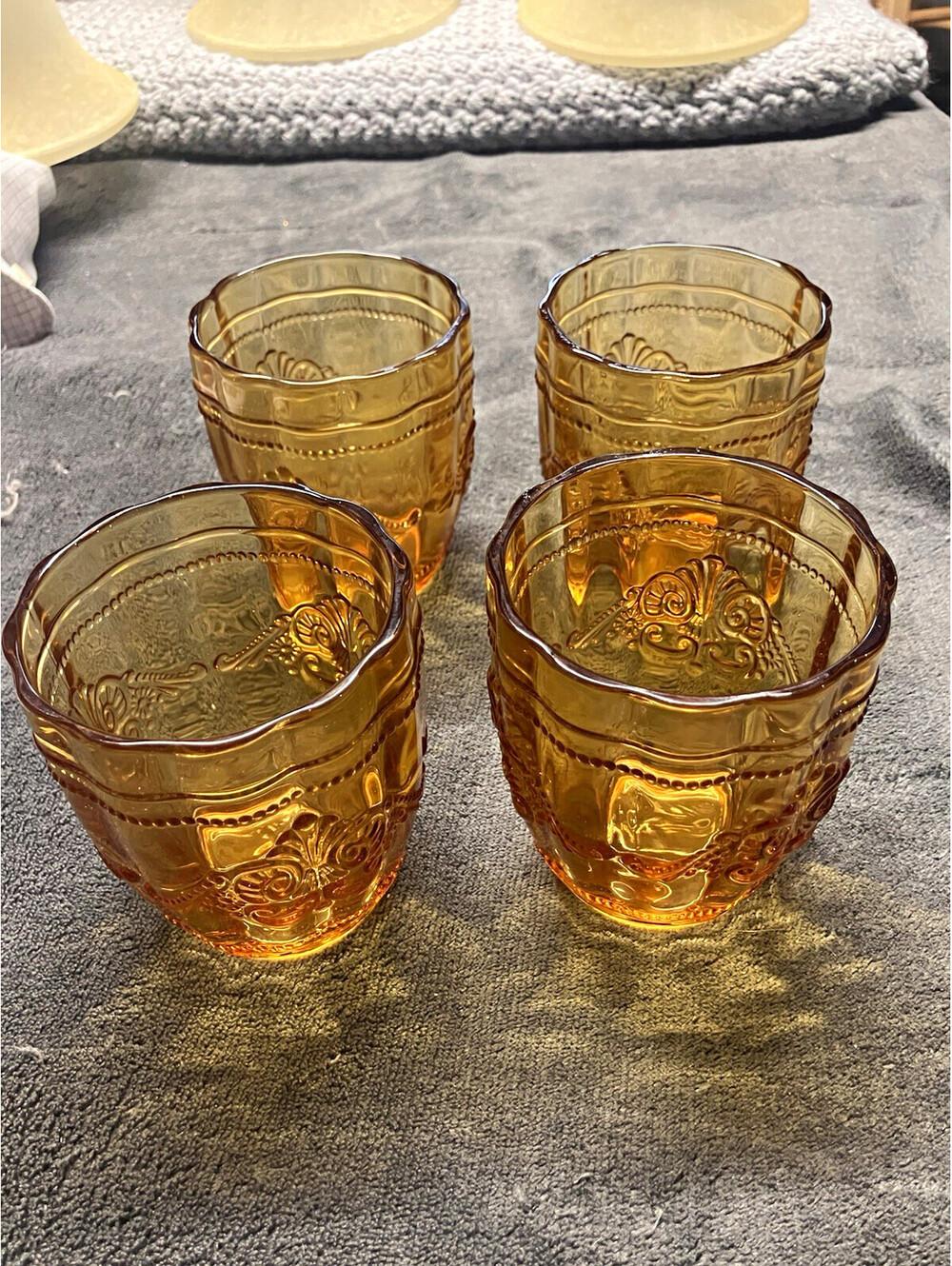 Set of 4 Amber Floral Embossed Glass Tumblers Less Than 10 oz Mid-Century